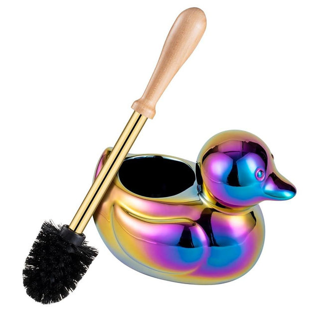 Ceramic Toilet Brush and Holder Set with Duck Base - Multicolor Rainbow, Freestanding Bathroom Brush Organizer, Space-Saving 7.5" Bowl Cleaner Kit - Bath Decor