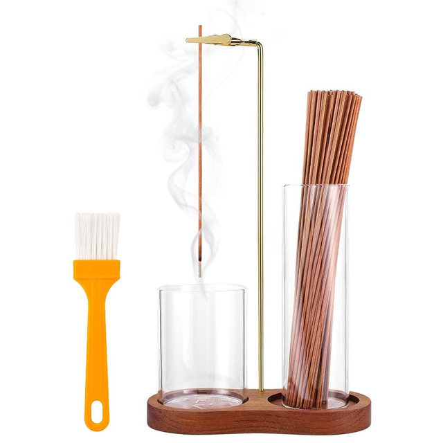 2 in 1 Incense Holder for Sticks with Glass Ash Catcher, Upside Down Anti-Ash Incense Stick Burner for Outdoor Patio, Modern Vertical Incense Holder for Home Decor, Spa, Meditation and Reddish Brown