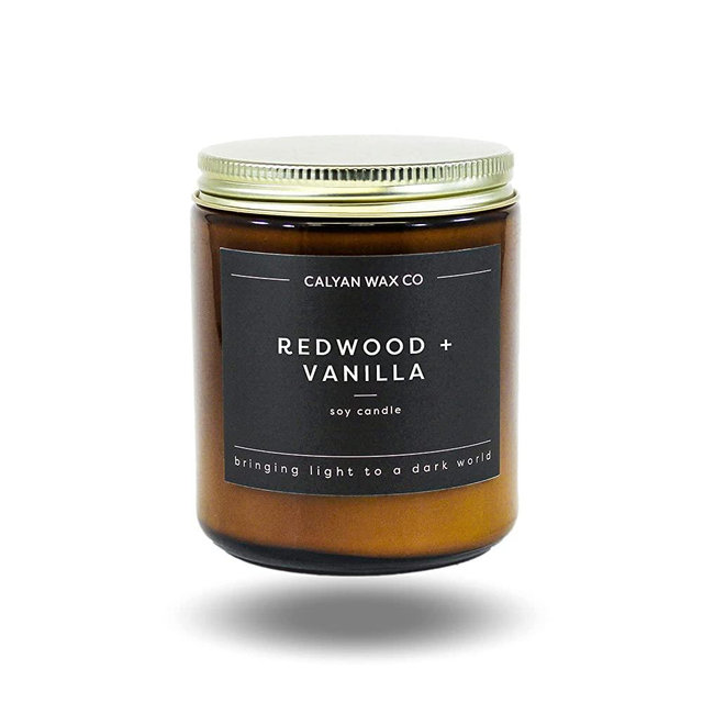 Calyan Wax Co. Soy Candle, Redwood + Vanilla Scented Candle for The Home | Premium Candle with Essential Oils | 7.2 oz 57 Hour Burn | Soy Candle in Amber Glass Jar | Aromatherapy, Gift