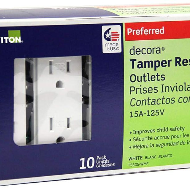 Leviton T5325 15 Amp Decora Tamper-Resistant Duplex Electrical Wall Outlet - White, 10 Pack