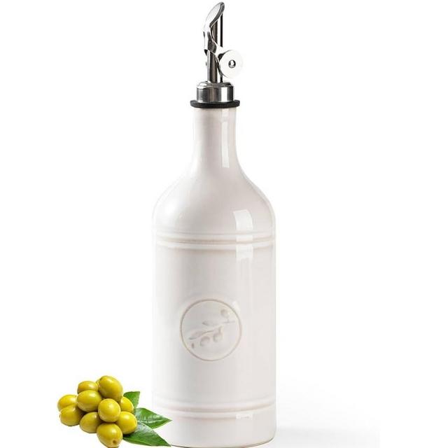 MIKIGEY 18 oz Ceramic Olive Oil Bottle Dispenser for Kitchen, Large Capacity Oli and Vinegar Cruet with Stainless Steel Spout, Oil Container, Pack of 1, Off-White