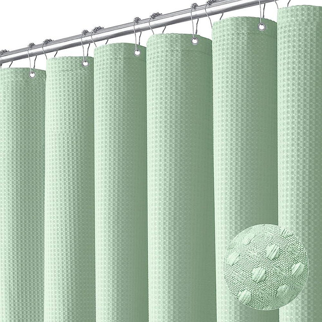 Dynamene Mint Green Fabric Shower Curtain - Waffle Weave Textured Heavy Duty Cloth Shower Curtains for Bathroom, 256GSM Hotel Luxury Weighted Bath Curtain Set with 12 Hooks,72x72, Mint Green