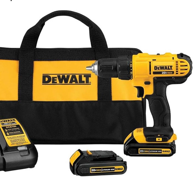 DEWALT 20V Max Cordless Drill Driver Set, 2 Speed, High Performance Motor, Includes 2 XR 1.3Ah Li-Ion Batteries, Charger and Contractor Bag (DCD771C2)