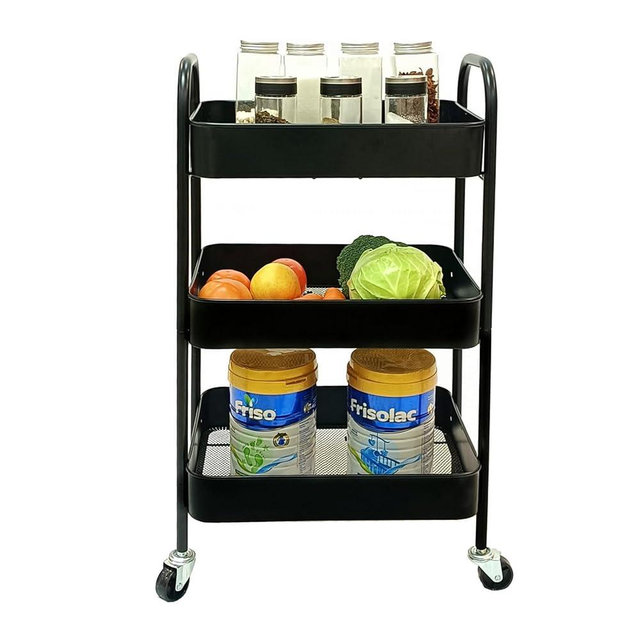 3 Tier Rolling Cart with Wheels,Metal Utility Cart on Wheels,Carts for Office, Room Storage and Organizer,Black