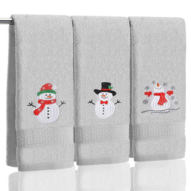 SmoothNovelty 3 Pcs Christmas Snowman Hand Towels for Bathroom Cotton Embroidered Snowman Kitchen Towels 13.3" x 29.5" Xmas Washcloth for Bath Shower Xmas Decor Winter Housewarming Gift(Light Gray)