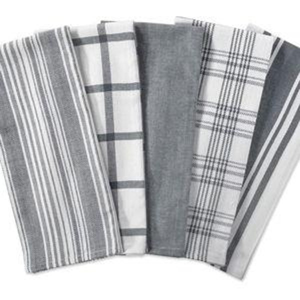 DII Assorted Woven, Kitchen Dishtowel Set, 18x28, Gray, 5 Piece