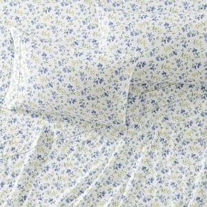 Martha Stewart Ruth Ditsy Floral 300TC 100% Cotton Percale Sheet Set, Blue/White, 4 Piece - 1 Flat Sheet, 1 Fitted Sheet, 2 Std Pillowcases, Breathable Cotton Printed Bed Sheets, Queen Size