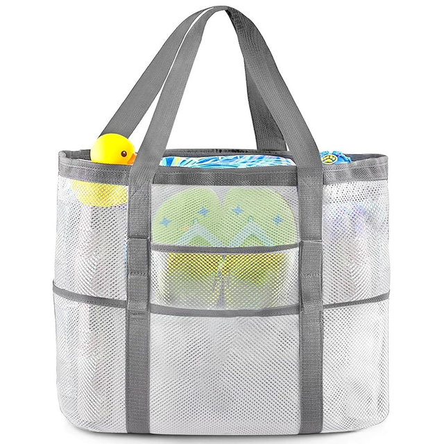 EASYFUN Beach Bag Large Mesh Beach Bag Lightweight Beach Tote with 9 Pockets Foldable Beach Accessories