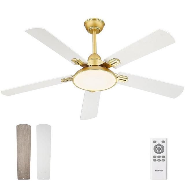 Melkelen Gold Ceiling Fan, 52 Inch Ceiling Fan with Light and Remote, 5 White Blades, DC Motor, Modern Ceiling Fans with Lights for Outdoor Covered Patio Farmhouse Bedroom, MK06-GD