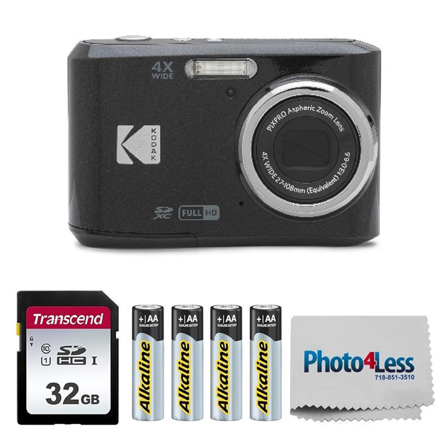 KODAK PIXPRO FZ45 16MP Digital Camera with 4X Optical Zoom 27mm Wide Angle and 2.7" LCD Screen Bundle with 32GB SD Memory Card, AA Batteries (4 Pack), Lens Cleaning Cloth (Black)