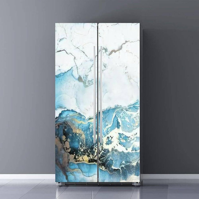Self Adhesive Vinyl Refrigerator Wrap Set Navy Blue White Streaks Ocean Waves Spilled Water Ink Door Mural Removable Fridge Sticker Peel and Stick Full Door Cover Decal Kitchen Decor