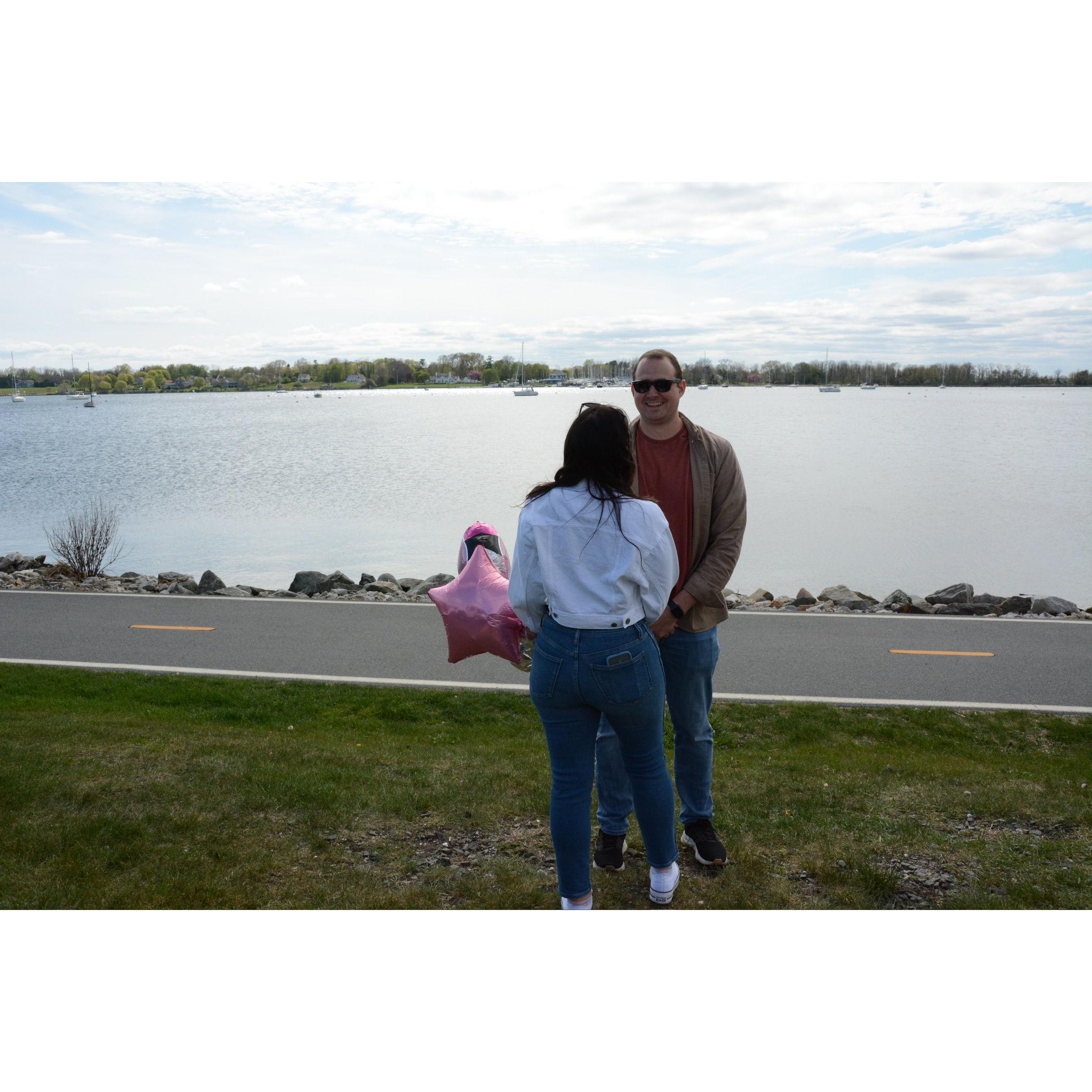 Right after we got engaged and Andrew surprised Gabby with lunch on the water!