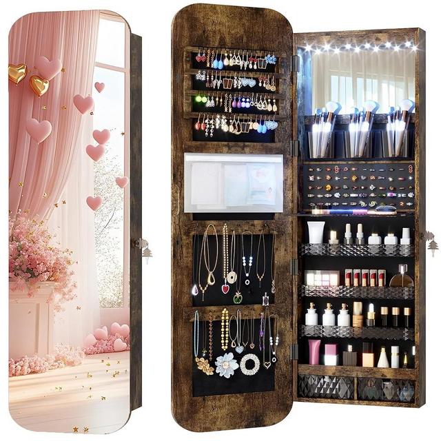 Vlsrka 6 LEDs Mirror Jewelry Cabinet Door Hanging, 47.2" Wall Mounted Jewelry Cabinet, Lockable Full Length Mirror with Storage, Rounded Corner Mirror Jewelry Organizer, 2 Drawers, Rustic Brown