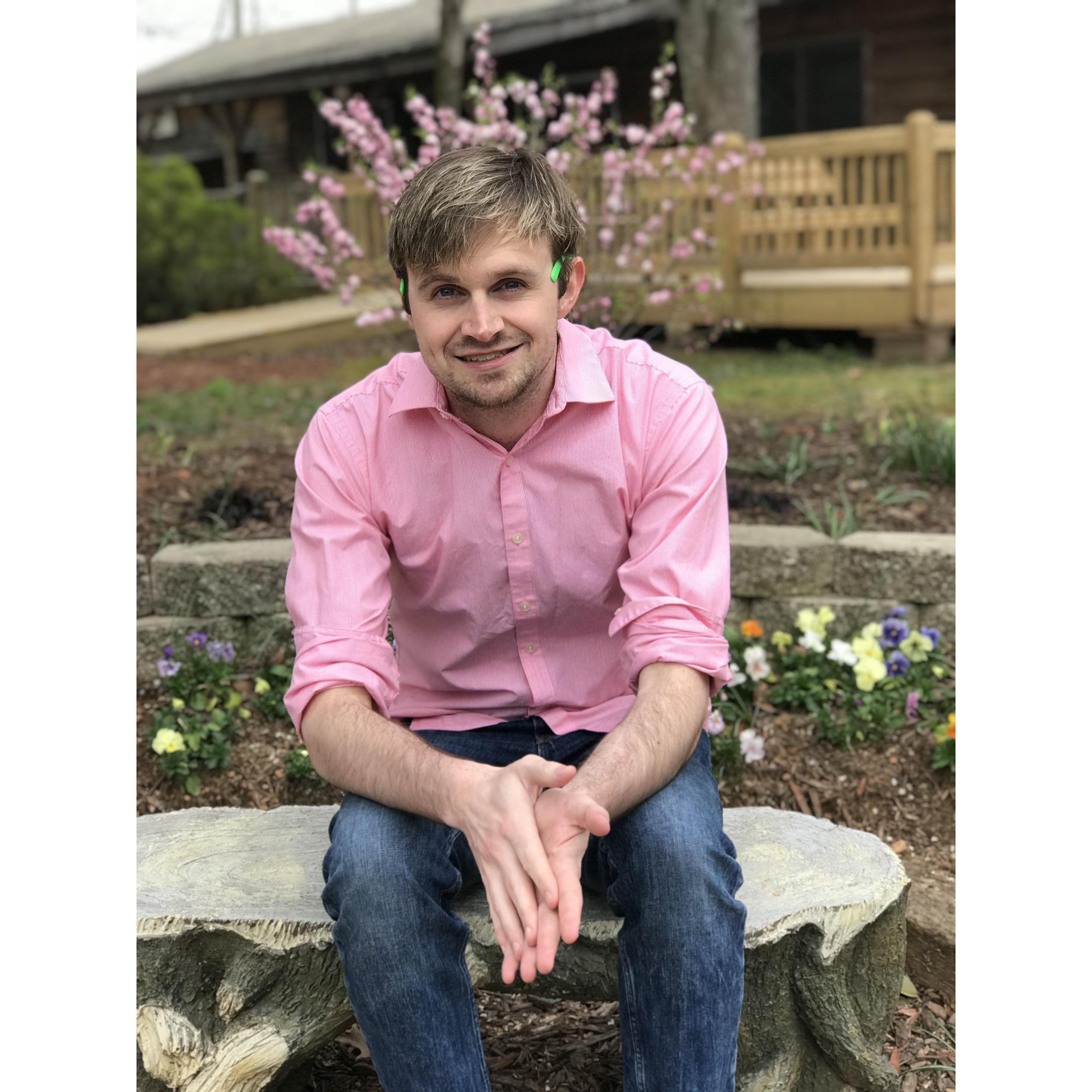 Mitch on a bench when we went to the wedding venue for the tasting and vendor meet up. His shirt matched the tree so naturally I had to take a shot.