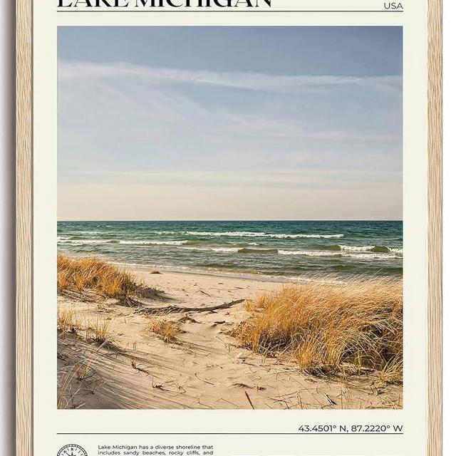 KISSFOX OAK Wood Framed Wall Art Lake Michigan Wall Decor Coastal Canvas Art Beach Pictures Landscape Paintings Travel Posters Aesthetic Artwork For Bedroom Office Living room