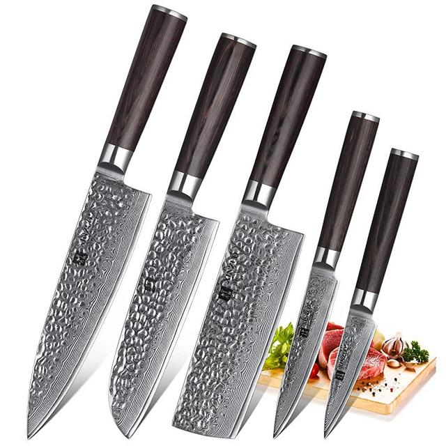 XINZUO 5-Piece Damascus Kitchen Knife Set Japanese Steel, Nakiri Knife Slicing Hammered Forging Damascus Kitchen Knife Professional Chef's Knife Cutlery Santoku Knife with Pakkawood Handle - He Series