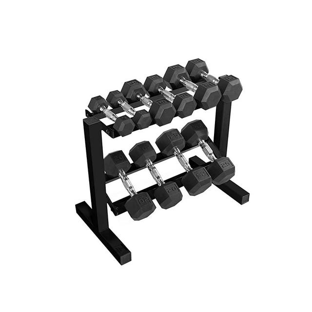 WF Athletic Supply 5-25Lb Rubber Coated Hex Dumbbell Set with Two Tier Storage Rack Non-Slip Hex Shape for Muscle Toning, Strength Building & Weight Loss - Multiple Choices Available