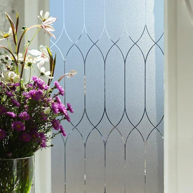 Privacy Window Film Decoration, Heat Control Window Tint for Home, Static Cling Glass Door Coverings Window Sticker Removable Non-Adhesive UV Blocking, Frosted Film w/Clear Morocco Lines, 35.4"x157"