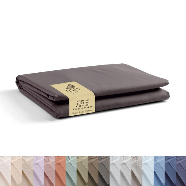 Linen Home 100% Cotton Percale 1 Flat Sheet, Full Size - Crisp, Cool and Strong Bed Linen, Luxury Breathable Sheet, Charcoal