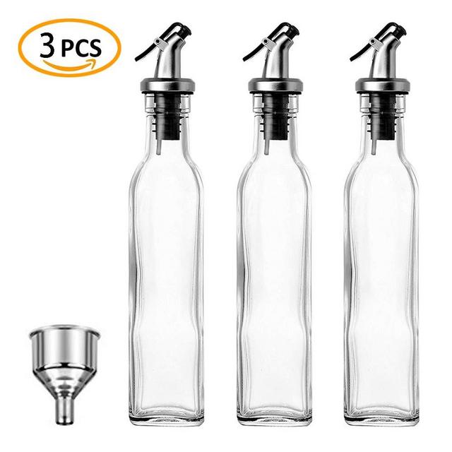 JY Collection Set of 3 Glass Oil and Vinegar Dispenser, 17 OZ, BPA Free, Salad Dressing Cruet Glass Bottle Olive Oil Bottles Dispenser Glass Oil Bottle Coconut Oil bottle with Stainless Steel Funnel