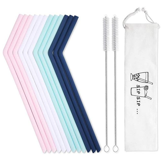 12 Pack Reusable Silicone Drinking Straws with Case - Regular Size - Long Flexible Straws for 20oz and 30oz Tumblers, 2 Cleaning Brushes Included