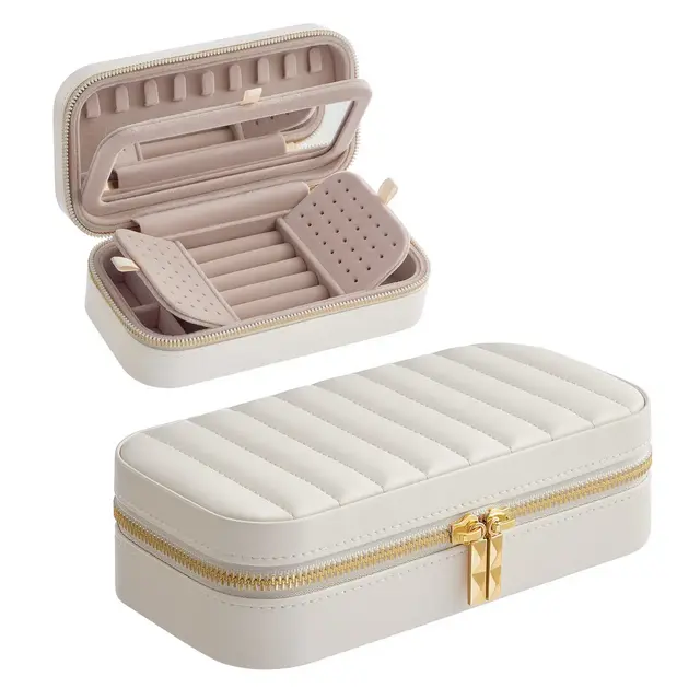 ANAH Travel Jewelry Box, Portable PU Jewelry Case Organizer with Mirror, 4.1 x 8 x 2.4 Inches, White