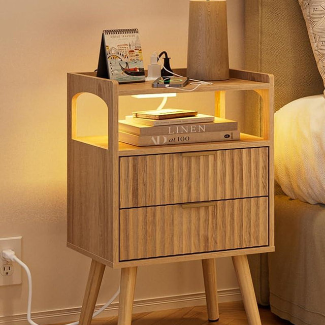 AEPOALUA Nightstand with Charging Station and LED Lights,Modern Bedside Table with 2Drawer and Open Shelf,Oak Night Stand with Solid Wood Legs,End Table for Living Room、Bedroom and Small Spaces