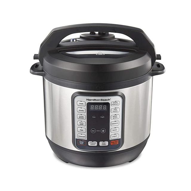 Hamilton Beach 8 Qt QuikCook Pressure Cooker with True Slow Cook Technology, Rice, Sauté, Egg and More, 12 Preset Programs, Black and Stainless