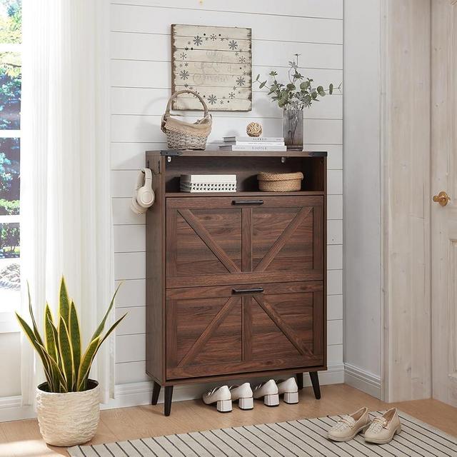 Barnyatoh Shoe Storage Cabinet,Farmhouse Shoe Organizer with 2 Flip Drawers & Barn Door Design,Freestanding Hidden Slim Narrow Shoe Rack Cabinet with Open Storage for Entryway, Foyer,Hallway, Walnut