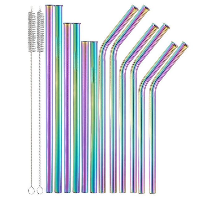 Reusable Stainless Steel Metal Straws,Set of 12 0.31"Wide Drinking Straws Rainbow Straws for 16-30oz Tumbler,6 Straight 6 Bent with 2 Cleaning Brushes and 1 Travel Case (0.31, Rainbow)