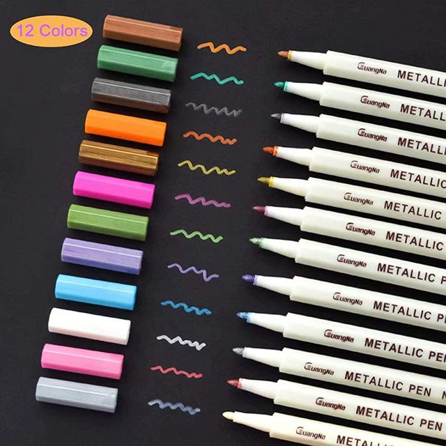 Premium Metallic Marker Pens, Set of 12 Assorted Colors for Adult Coloring Books, Art Rock Painting, Card Making, Metal and Ceramics, Glass - Fine Tip
