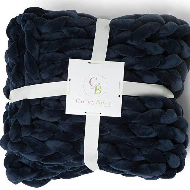 ColeyBear Weighted Hand Woven Chunky Knit Yarn Blanket for Boho Home and Bedroom Décor, Non-Shedding, Polyester Shell and Filling, Queen Size 60" X 80", 14 Lbs… (Navy Blue)