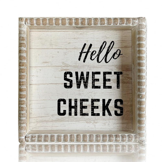 Boho Farmhouse Wooden Framed Bathroom Decor Signs, Funny Restroom Decorative Plaque Small Cute, Toilet Rules Shelf Decoration (White and Black Hello Sweet Cheeks)