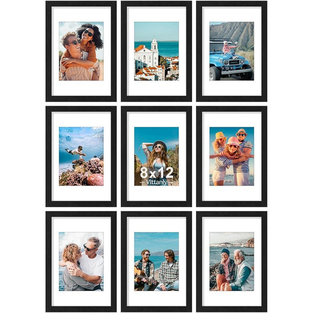 Vittanly 8x12 Picture Frames Set of 9, Shatter Resistant Plexiglass, Display 6x8 Pictures with Mat or 8x12 without Mat, Photo Frames for Wall or Tabletop, Engineered Wood, Black