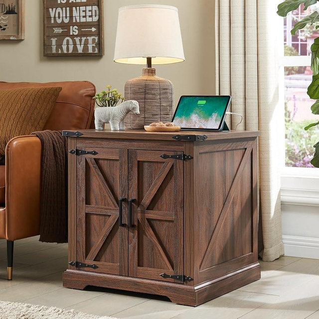 Barnyatoh Farmhouse End Table with Charging Station,24" Large Sofa Side Table with Barn Door, Rustic Wood Square Nightstand Bedside Table with Adjustable Storage Shelf for Living Room, Bedroom,Walnut