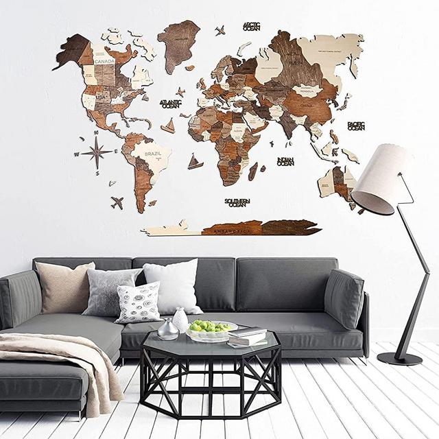 3D Wood World Map Wall Art Large Wall Décor - World Travel Map - Any Occasion Gift Idea - Wall Art For Home & Kitchen or Office (Large, Multicolored)