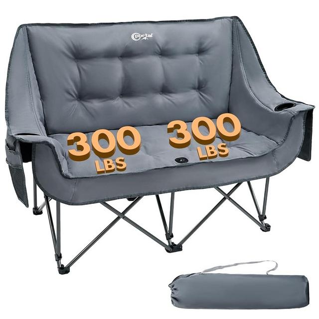 PORTAL Double Camping Chair Sofa 2 Person Loveseat Folding Thicken Camp Chair for Adults with Cup Holder, Outdoors Lawn Camp Soccer Sports, Support 600 lbs (Grey)