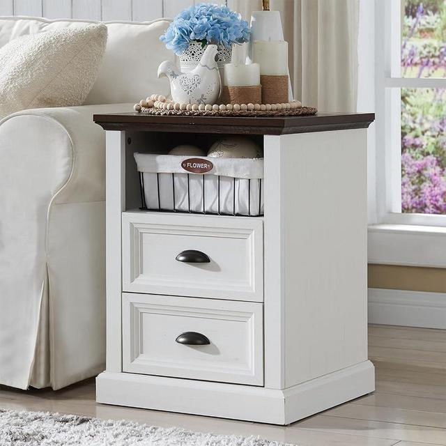 IFGET Nightstand with Charging Station, 2 Drawer Dresser for Bedroom, Farmhouse Small Dresser with Drawers, Wood Rustic End Table w/Open Shlef, Side Table for Bedroom, Living Room, Closet, White