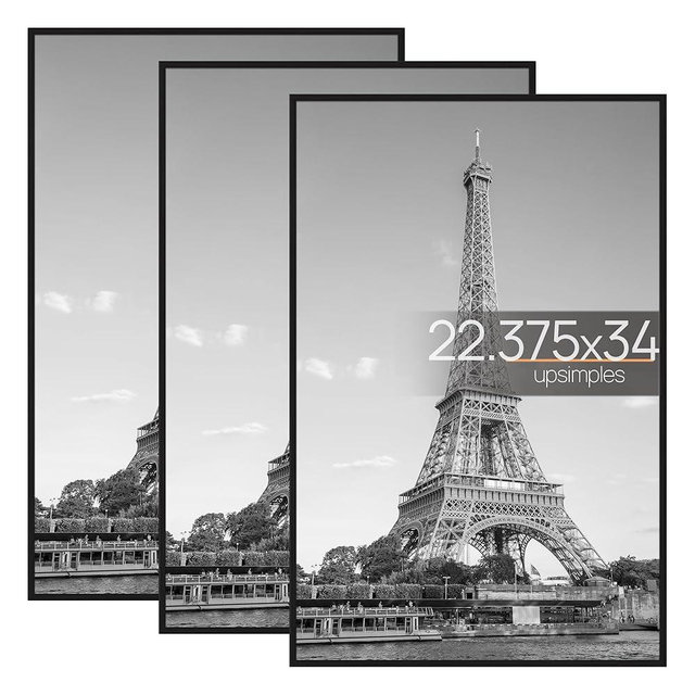 upsimples 22.375 x 34 Poster Frame Black 3 Pack, Scratch-Proof Picture Frames 22.375 x 34 for Photo Gallery - Slide-In Strips, Horizontal or Vertical Wall Mounting