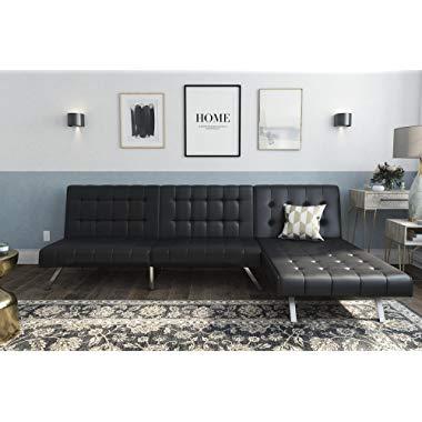 DHP Emily Sectional Futon Sofa with Convertible Chaise Lounger, Black Faux Leather