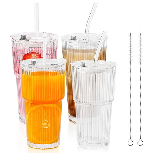 LYBHWBF 4 Pack 20oz Glass Cups with Lids and Straws Vintage Ribbed Glassware for Beer Ice Coffee Fruit Juice Glasses Elegant Aesthetic Cup Great for Coffee Bar Accessories Include 2 Cleaning Brushes