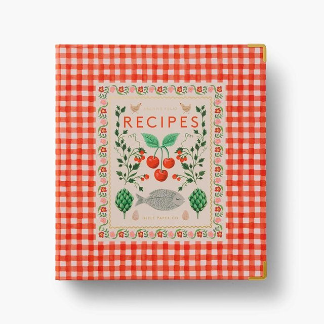RIFLE PAPER CO. Cherry Farms Recipe Binder, 1" Three-Ring Binder, Double-Sided Pocket Folder, 16 Tabbed Dividers, 10 Clear Recipe Card Sleeves, Holds 175 Pages