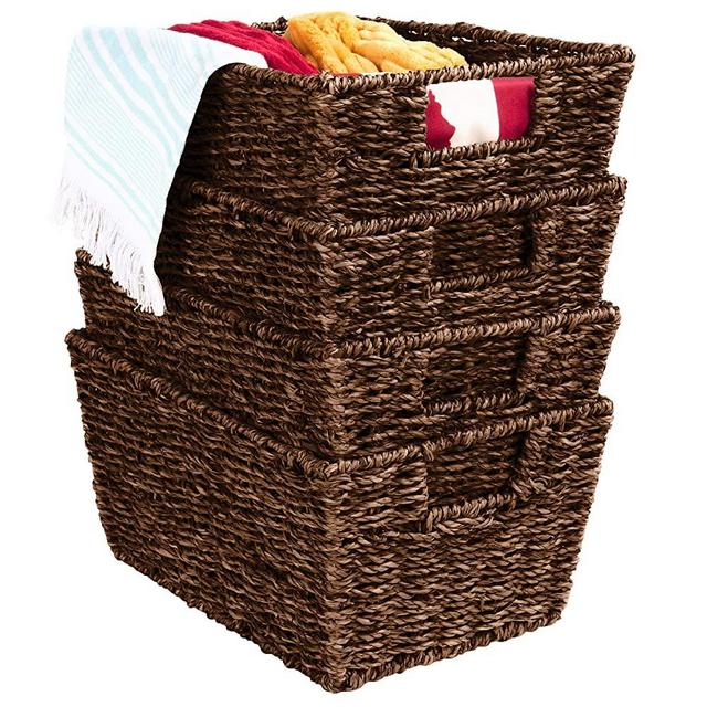 Best Choice Products Rustic Set Of 4 Multipurpose Stackable Seagrass Storage Basket, Handwoven Laundry Organizer Totes for Bedroom, Living Room, Bathroom, Shelves, Pantry w/Insert Handles - Brown