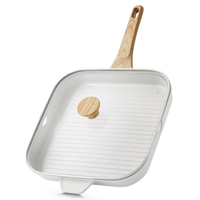 SENSARTE Nonstick Ceramic Grill Pan with Lid, Grill Pan for Stove Tops, Square Grilling Pan with Pour Spouts, Durable Grill Skillet for All Stoves, Steak Bacon Pan, Non Toxic PTFE,PFAS,PFOA Free
