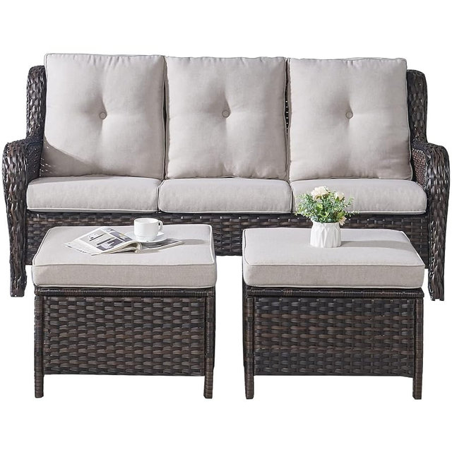 Rilyson Wicker Outdoor Patio Sofa with Ottoman, Large 3 Seater Wicker Patio Couch with 4in Replaceable Seat Cushions and Deep Seating, All Weather for Backyard, Garden, Poolside (Brown/Beige)