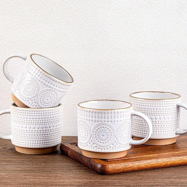GBhome 16OZ Stackable Coffee Mugs, Ceramic Coffee Mugs with Texture Patterns for Man,Woman,Dad,Mom, Modern Coffee Mugs Set of 4 for Latte/Cappuccino/Cocoa. Dishwasher&Microwave Safe