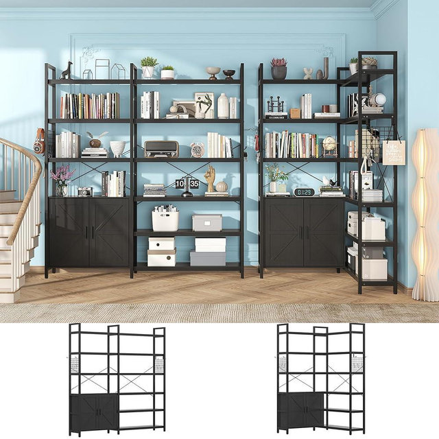 Nosepen 6 Tire Large Black L Shaped Bookshelf & Corner Bookcase with Storage Cabinet and 2 Barn Doors and 10 Storage Shelves, 71.3" Tall Farmhouse Etagere L Shaped Book-Shelf with Metal Frame(Black)