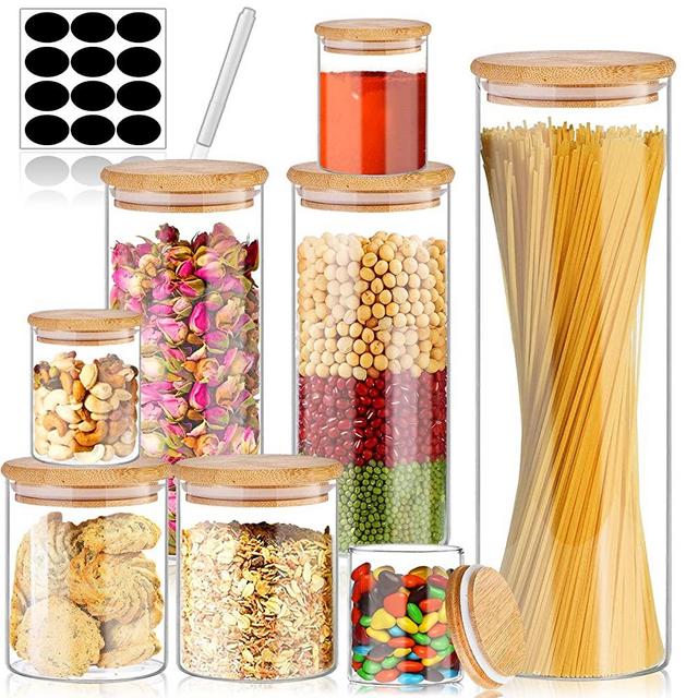 SLifeJars Glass Food Storage Containers with Bamboo Lids Set of 8, Glass Spice Jars with Airtight Sealing Lids and Rewritable Labels, Stackable Kitchen Canisters Set, Glass Food Storage Jars for Kitchen Counter, Pasta, Coffee, Sugar, Herb, Flour, Nuts, Rice (72OZ/32OZ/16OZ/8OZ)