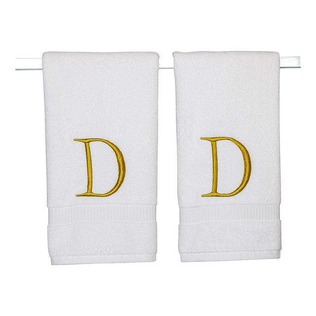 Monogrammed Hand Towels for Bathroom - Luxury Hotel Quality Personalized Initial Decorative Embroidered Bath Towel for Powder Room, Spa - GOTS Organic Certified - Set of 2 Gold Letter D