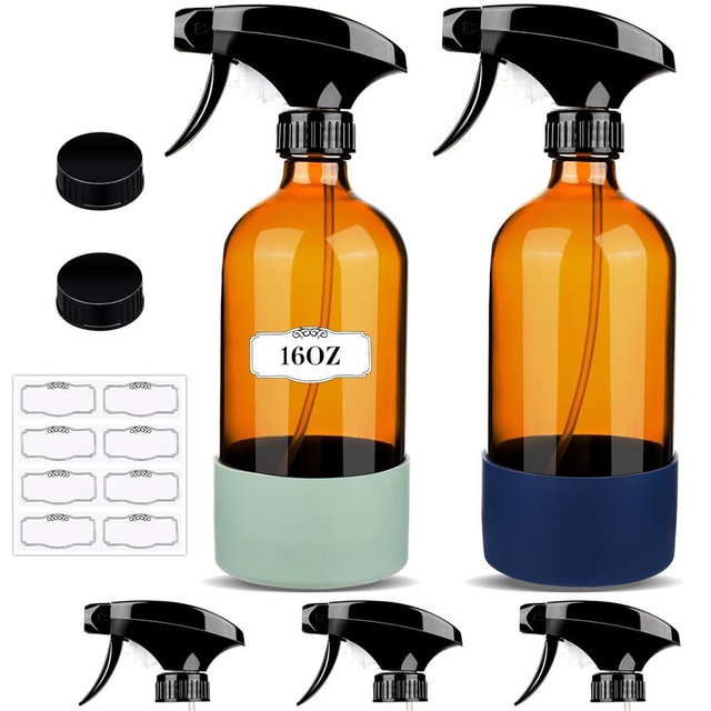 ZENOWICK 2 Pack/16 Oz Glass Spray Bottles, Refillable Empty Containers with Silicone Sleeve, Upgraded Adjustable Nozzle Spray Bottle Sets for Cleaning, Essential Oils, Hair (Amber)